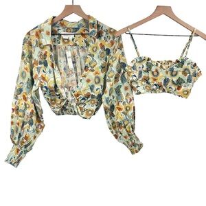 NEW Anthropologie Twist Crop Top Set Long Sleeve Floral Bustier Bra Top | XS/S